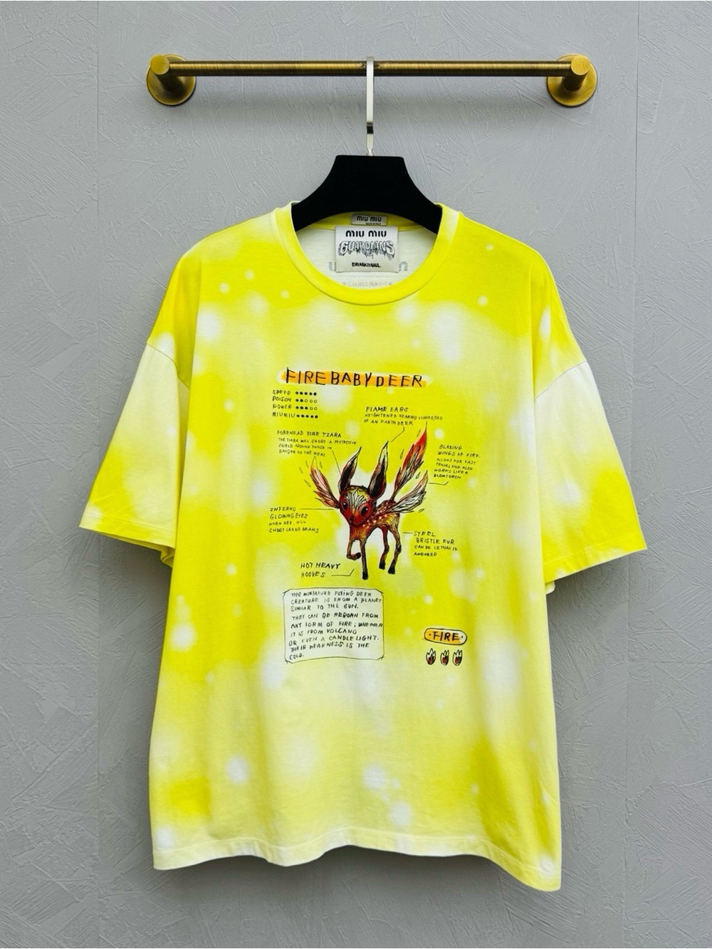 🚩steal Miu Miu Yellow Tie-Dye Short Sleeve Tee with Firebaby Deer Graphic
